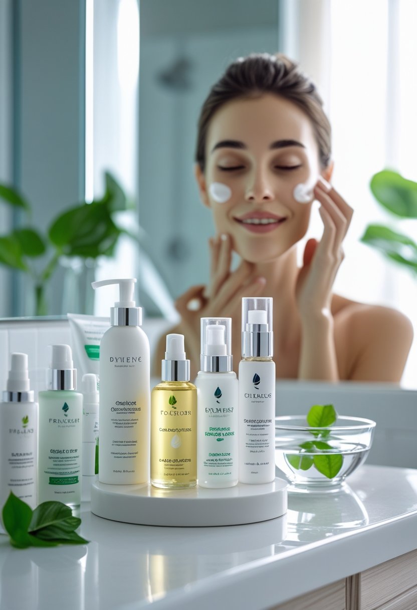 A bathroom countertop with skincare products and a person applying moisturizer to their face in the background.